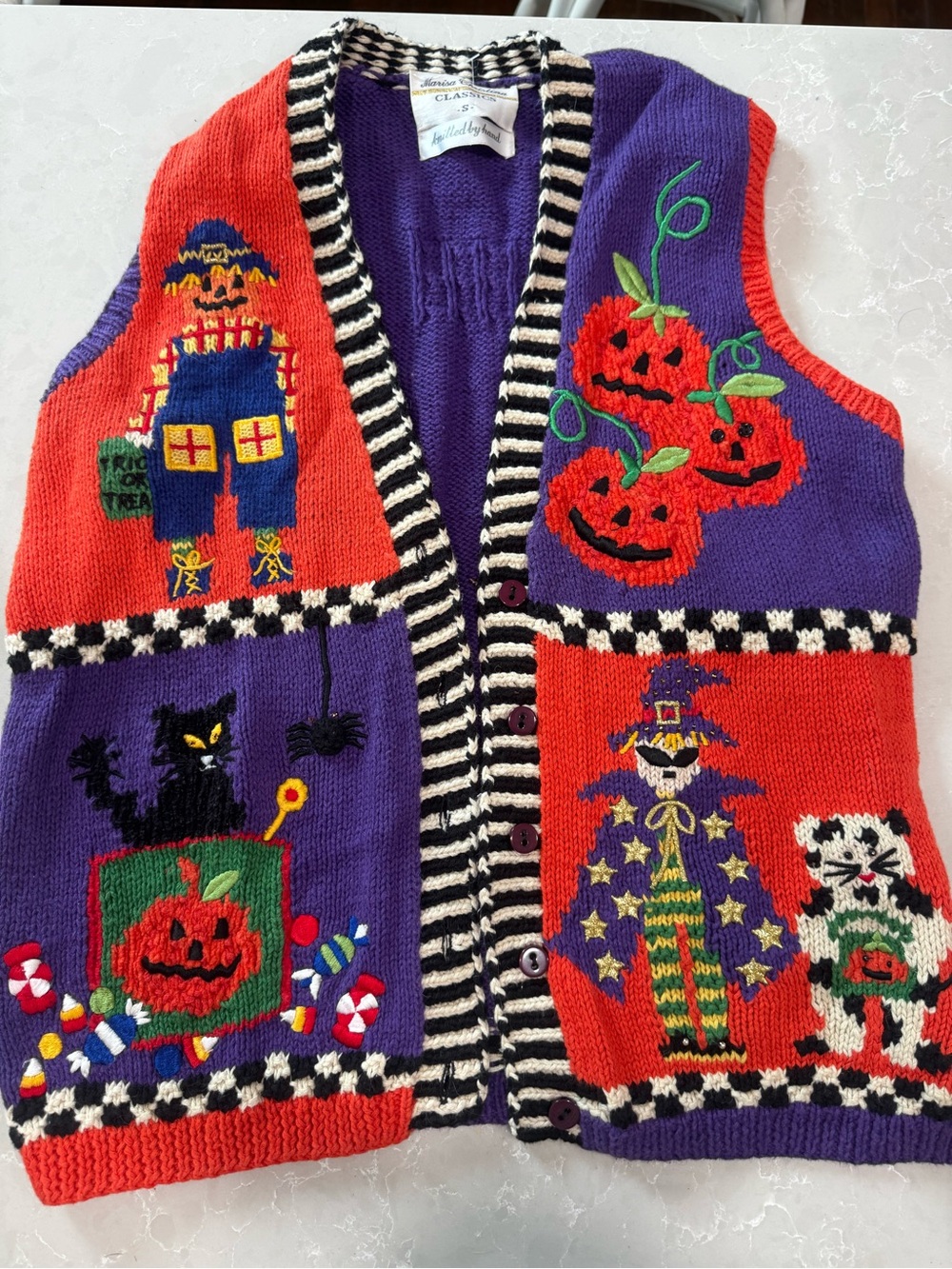 Vintage Halloween Hand Knit Vest - Purple & Orange